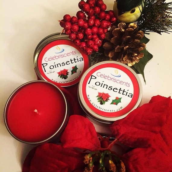 Fresh clean Holiday Poinsettia scented soy candle.  True Poinsettia plant fragrance with a touch of Holiday spice.  Great gift for any home.