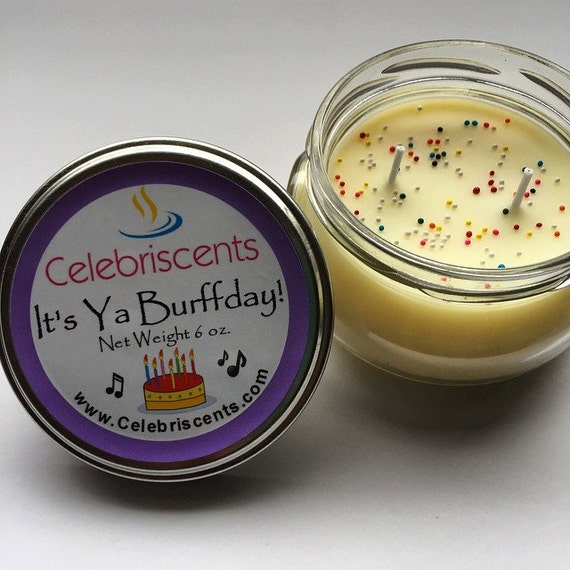 Delicious Strong Birthday Cake scented soy candle with sprinkles.  Sweet surprising birthday cake scent perfect for birthday gifts.  Yum!