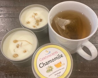 Soothing Chamomile scented soy candle with chamomile flowers atop candle making it easier to de-stress, relax and knock out anxiety.  Yes!!