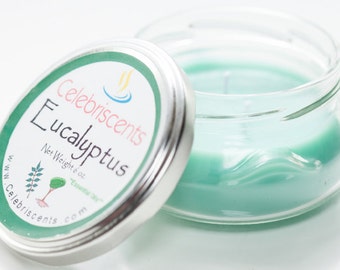 Eucalyptus clean and fresh scented soy candle with Eucalyptus essential oils in beautiful turene 6 oz. glass container.