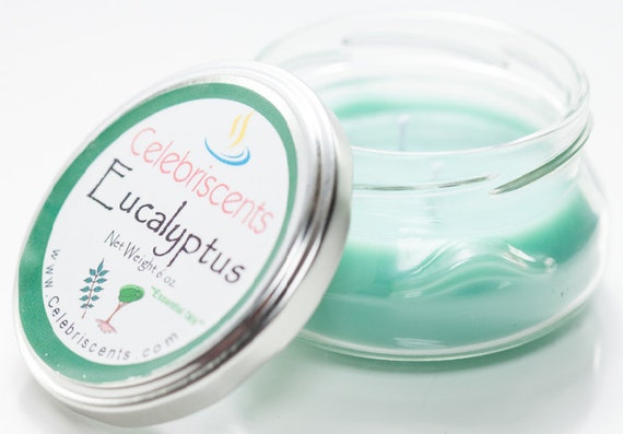 Eucalyptus clean and fresh scented soy candle with Eucalyptus essential oils in beautiful turene 6 oz. glass container.
