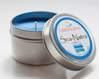 Summery, dreamy, crisp and clean Ocean-scented soy candle in 4  or 6 oz. tin container will remind you of your last ocean summer vacation.