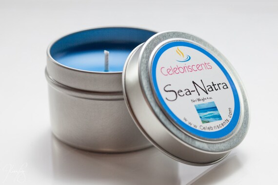 Summery, dreamy, crisp and clean Ocean-scented soy candle in 4  or 6 oz. tin container will remind you of your last ocean summer vacation.
