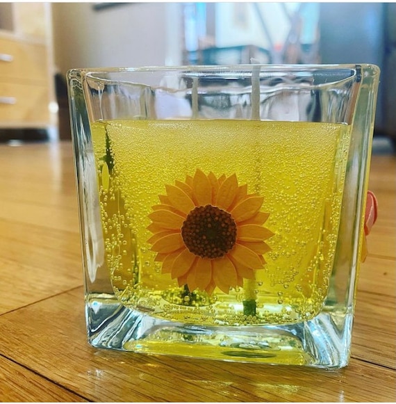 Long Lasting Sunflower Scented Gel Candle in handsome glass cube vase you get to keep.  Fast Shipping! Exquisite candle makes a great gift!