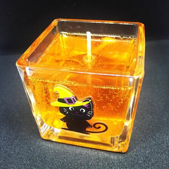 Halloween Decorated Scented Gel Candle in cute 2x2 Glass Cube.  Makes a great Gift