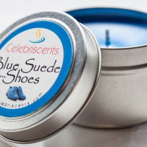 Actual scent of Blue Suede Leather Shoes.  Natural Soy Hand Poured Candle is perfect for leather lovers and fans of Elvis Presley.