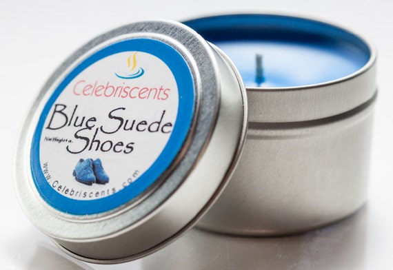 Actual scent of Blue Suede Leather Shoes.  Natural Soy Hand Poured Candle is perfect for leather lovers and fans of Elvis Presley.