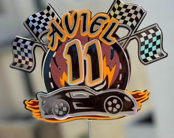 Adorno personalizado para pastel de cumpleaños con diseño de coche de carreras / Decoración para fiesta de Hot Wheels / Adorno personalizado con nombre y edad / Cumpleaños con temática de carreras
