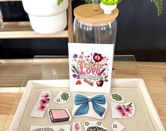 Kit para hacer vasos de cristal con diseño de "Enseña, ama, inspira" / Regalo de agradecimiento para profesores con lazo de mezclilla / Regalo de fin de año