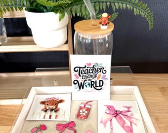 Kit de bricolaje para vasos de cristal "Los profesores cambian el mundo" / Regalo para profesores con diseño de vaca de las Tierras Altas / Regalo de fin de curso para profesores