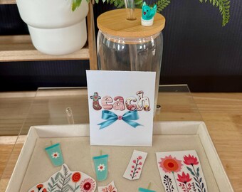 Kit de bricolaje para vasos de cristal con lazo azul / Regalo floral de agradecimiento para profesores / Regalo de fin de curso para profesores