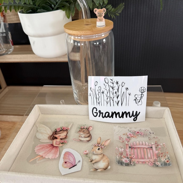 Personalized Grammy Glass Cup Kit DIY Craft Gift UV DTF Stickers, Bamboo Lid, Spinning Topper