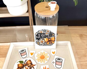 Kit para hacer vasos de cristal para profesores / Regalo de agradecimiento para profesores con diseño bohemio de margaritas / Regalo de fin de curso
