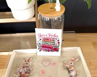 Kit para hacer vasos de cristal "She's a Teacher" / Regalo de agradecimiento para profesores con temática de conejitos / Regalo de fin de curso para profesores