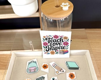 Kit para hacer vasos de cristal "Enseña, ama, inspira" / Regalo floral de agradecimiento para profesores / Regalo de fin de curso para profesores