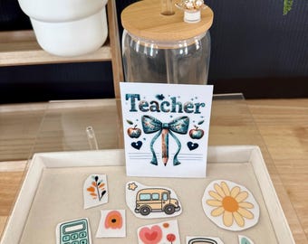 Kit de bricolaje para vaso de cristal con lazo azul para profesores / Regalo bohemio de agradecimiento para profesores / Regalo de fin de curso para profesores
