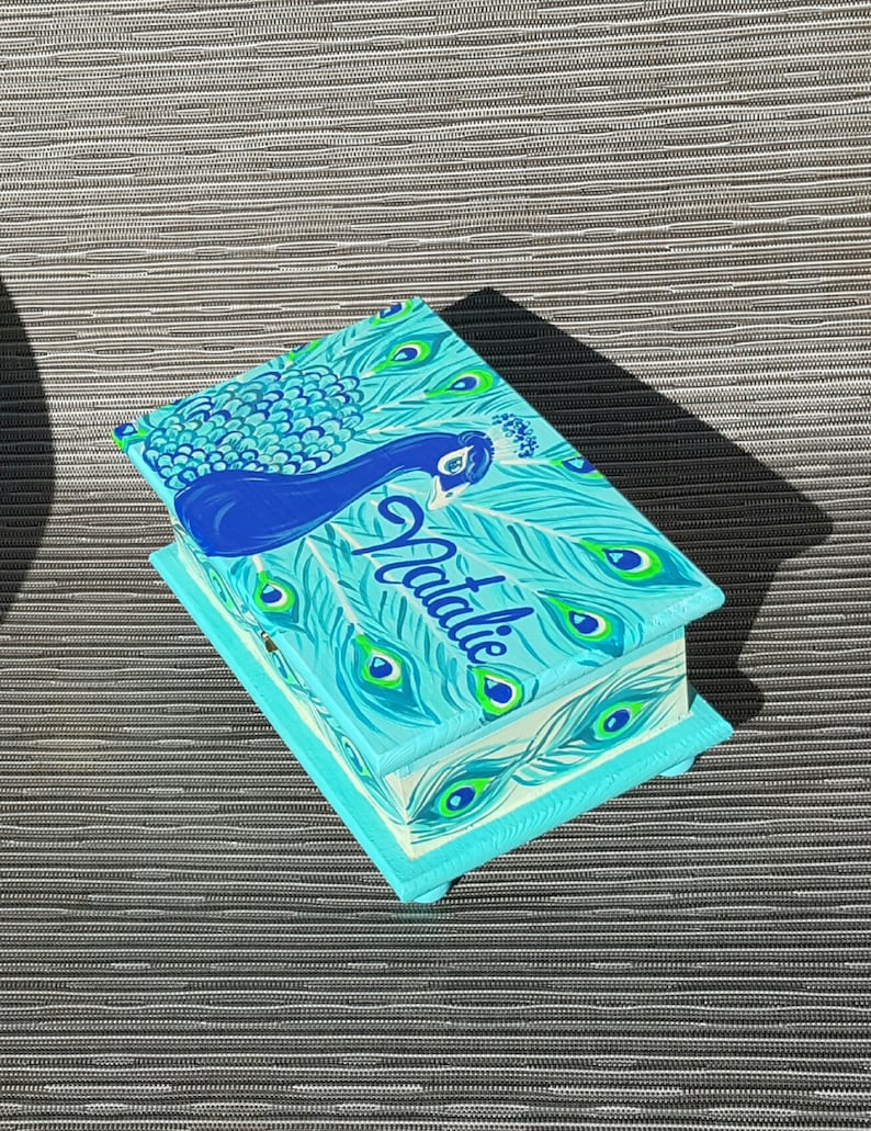 Peacock Turquoise and Teal Personalized Child/'s Jewelry Box Wood Box Girls Pink and Gray Nursery Decor
