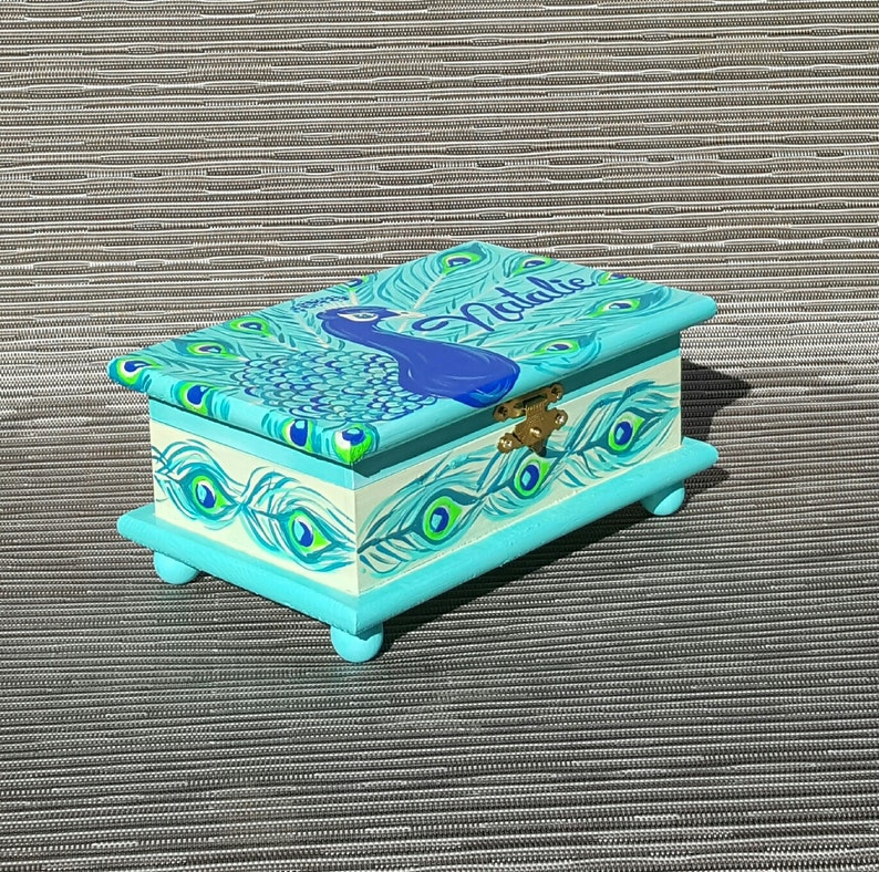 Peacock Turquoise and Teal Personalized Child/'s Jewelry Box Wood Box Girls Pink and Gray Nursery Decor