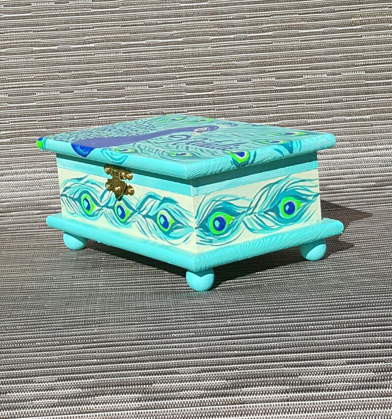 Peacock Turquoise and Teal Personalized Child/'s Jewelry Box Wood Box Girls Pink and Gray Nursery Decor