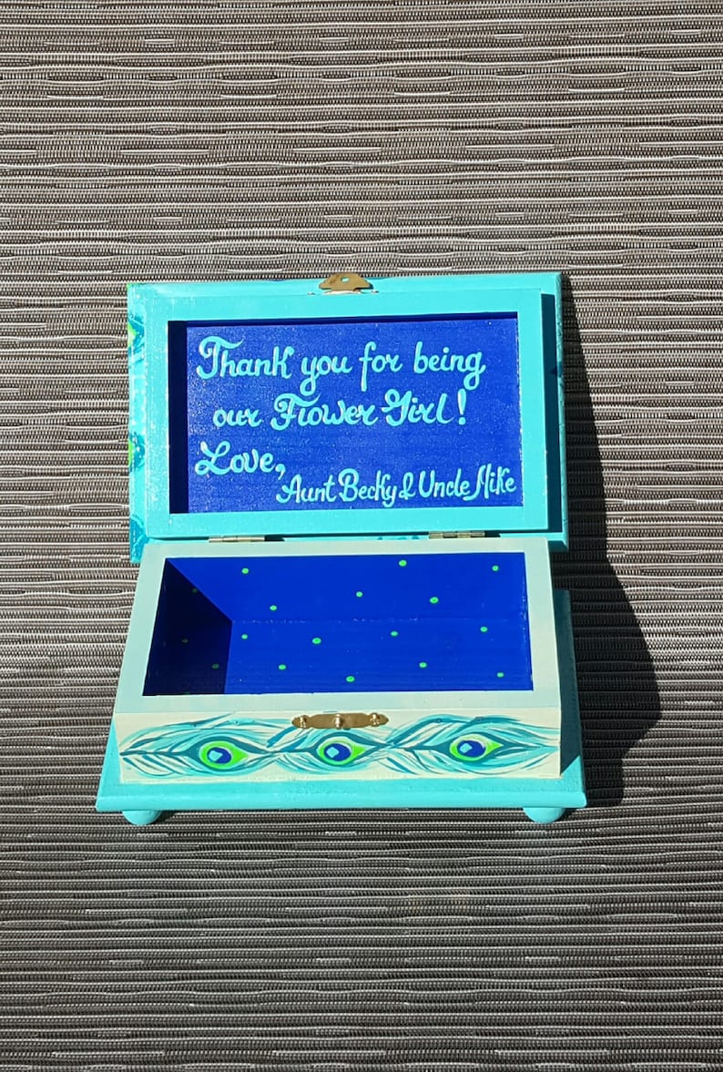 Peacock Turquoise and Teal Personalized Child/'s Jewelry Box Wood Box Girls Pink and Gray Nursery Decor