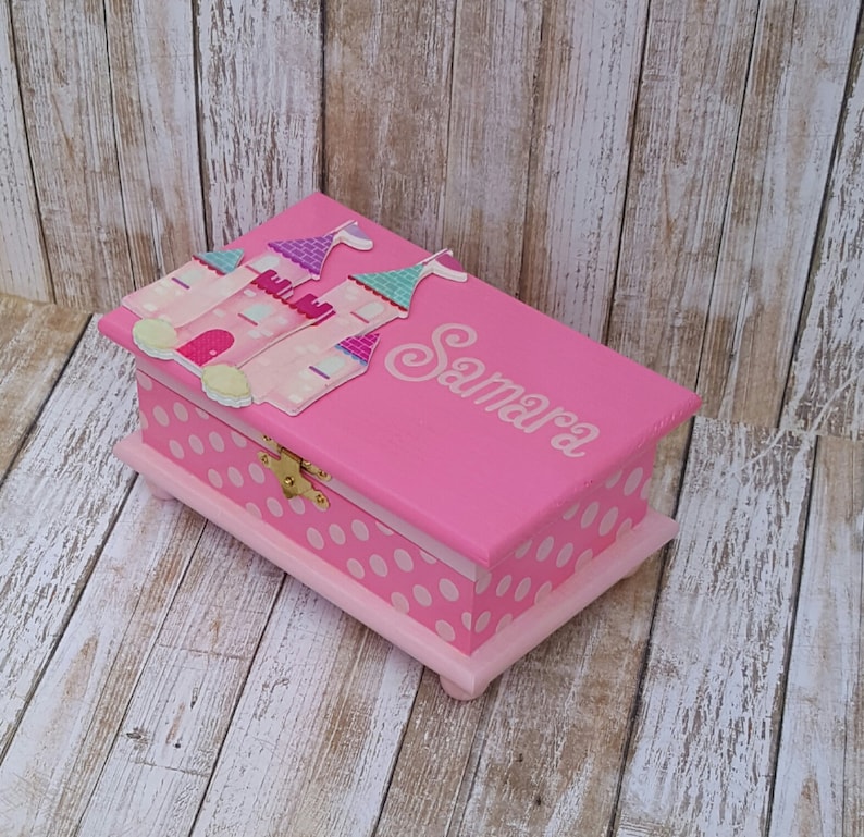 castle jewelry box personalized kids jewelry box pink wood box toddler girl polka dots birthday gift
