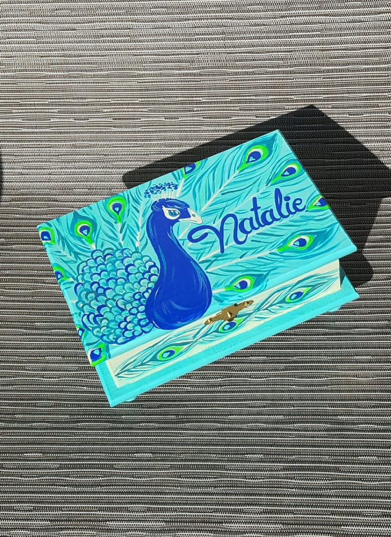 Peacock Turquoise and Teal Personalized Child/'s Jewelry Box Wood Box Girls Pink and Gray Nursery Decor