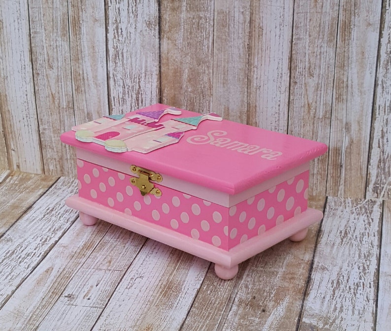 castle jewelry box personalized kids jewelry box pink wood box toddler girl polka dots birthday gift