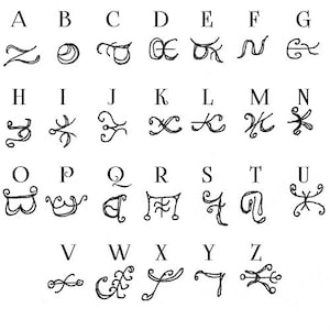 May include: A black and white image of a faery alphabet. Each letter of the alphabet is represented by a unique, stylised symbol.