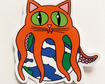 Squid Kitty Sticker, half cat half squid on top of the Earth