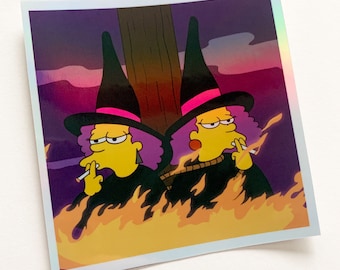 Patty and Selma holographic sticker, witches burning at the stake