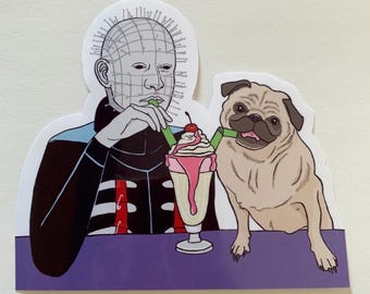 Pinhead from Hellraiser sharing a milkshake with a pug sticker