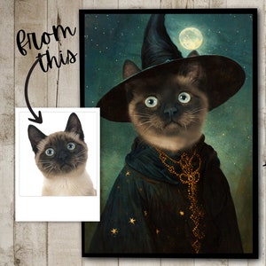 Turn Your Pet Into a Wizard, Custom Cat Gift, Cat Memory Gift, Silly Pet Portrait, Witch Pet Portrait, Cat Wizard Painting, Witch Cat Photo