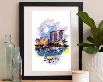 Plakat z panoramą Singapuru w akwareli