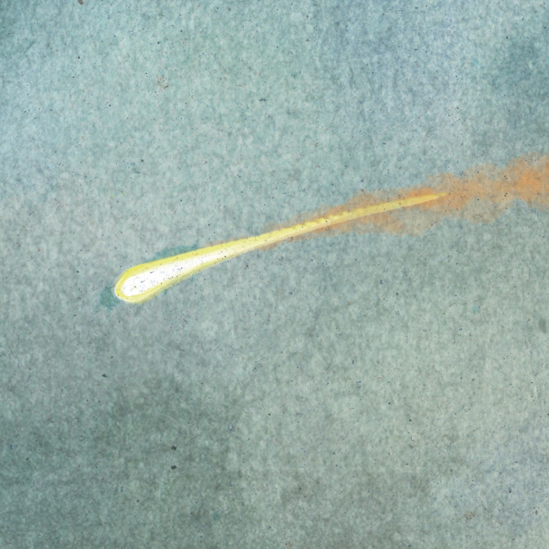 May include: Illustration of a yellow comet streaking across a light blue background. The comet has a bright white head and a long, glowing tail with orange and yellow hues, suggesting movement and speed.