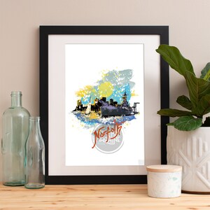 Norfolk Skyline Watercolor Art Print: Cityscape Wall Art