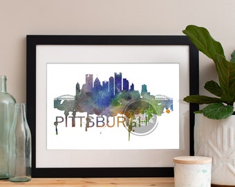 Pittsburgh Watercolor Skyline, Pittsburgh Skyline, Pittsburgh Art, Pittsburgh Poster, Pittsburgh Print, Pittsburgh Art, Pittsburgh Map