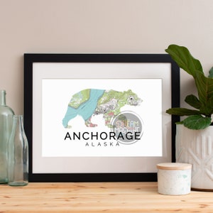 Anchorage Alaska Bear Map Art Print: Watercolor Skyline Poster