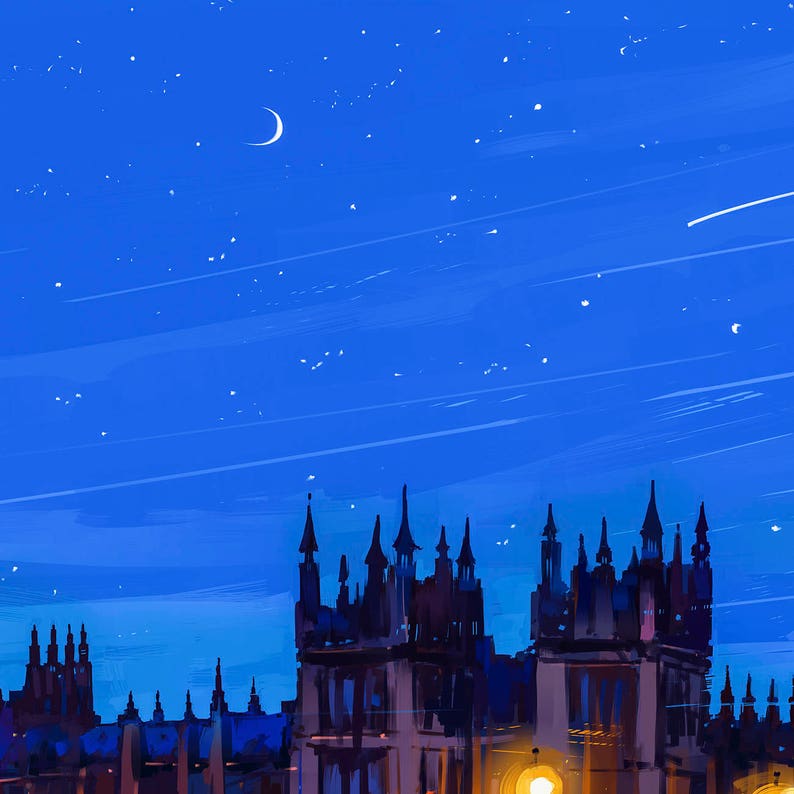 Peut inclure: Une silhouette d'un b&acirc;timent avec de multiples tours sur un fond de ciel nocturne bleu avec un croissant de lune et des &eacute;toiles.
