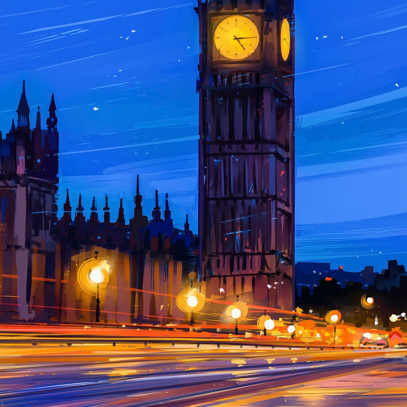 Peut inclure: Une vue nocturne de Big Ben, l'embl&eacute;matique tour de l'horloge de Londres, avec le palais de Westminster en arri&egrave;re-plan. Le cadran de l'horloge est &eacute;clair&eacute; et la tour se d&eacute;tache sur un ciel bleu. La rue devant la tour est &eacute;clair&eacute;e par des lampadaires, cr&eacute;ant une lueur chaleureuse.
