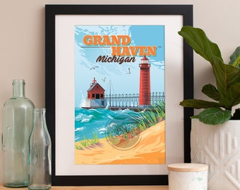 Grand Haven Michigan Art Print: Plakat z molo nad jeziorem Michigan