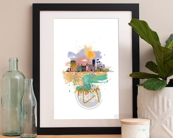 Miami Skyline Aquarell Kunstdruck: Florida Wandkunst