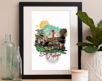 Plakat akwarelowy z widokiem na rzekę San Antonio: panorama Teksasu