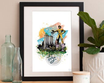 Plakat z pejzażem miejskim w Oklahomie, wydruk akwarelowy z panoramą Tulsy