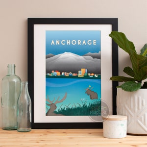 Anchorage Skyline Watercolor Art Print: Alaska Map Poster