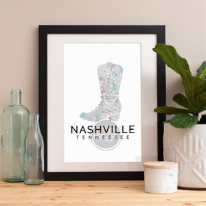 Nashville Map Art Print: Cowboy Boot Skyline Watercolor
