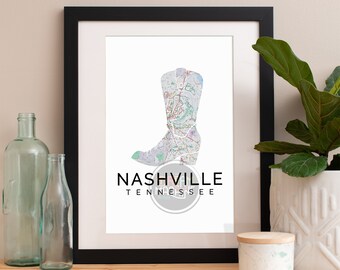 Nashville Map Art Print: Cowboy Boot Skyline Watercolor