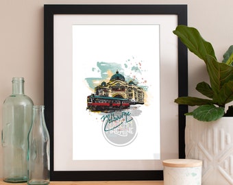 Plakat z pejzażem miejskim w Melbourne z akwarelą