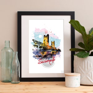 Sacramento Skyline Watercolor Art Print: Cityscape Poster