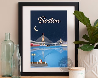 Boston Skyline Watercolor Art Print: Massachusetts Wall Art