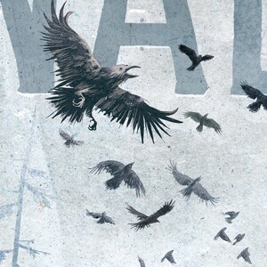 May include: A black and white illustration of a crow with its wings spread wide. The crow is flying against a light blue background with other crows flying in the background. The word "YAL" is visible in the background.